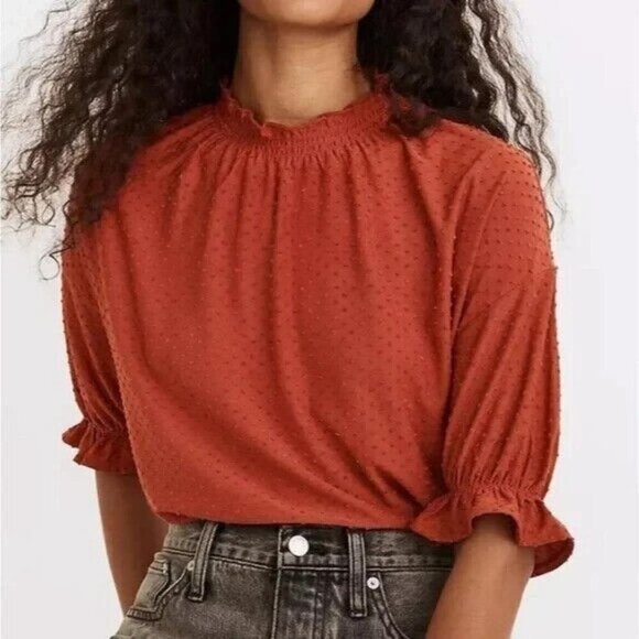 Madewell Red Clipdot Ruffle Mock Neck Half-Sleeve Dainty Blouse Size XS - Picture 3 of 10
